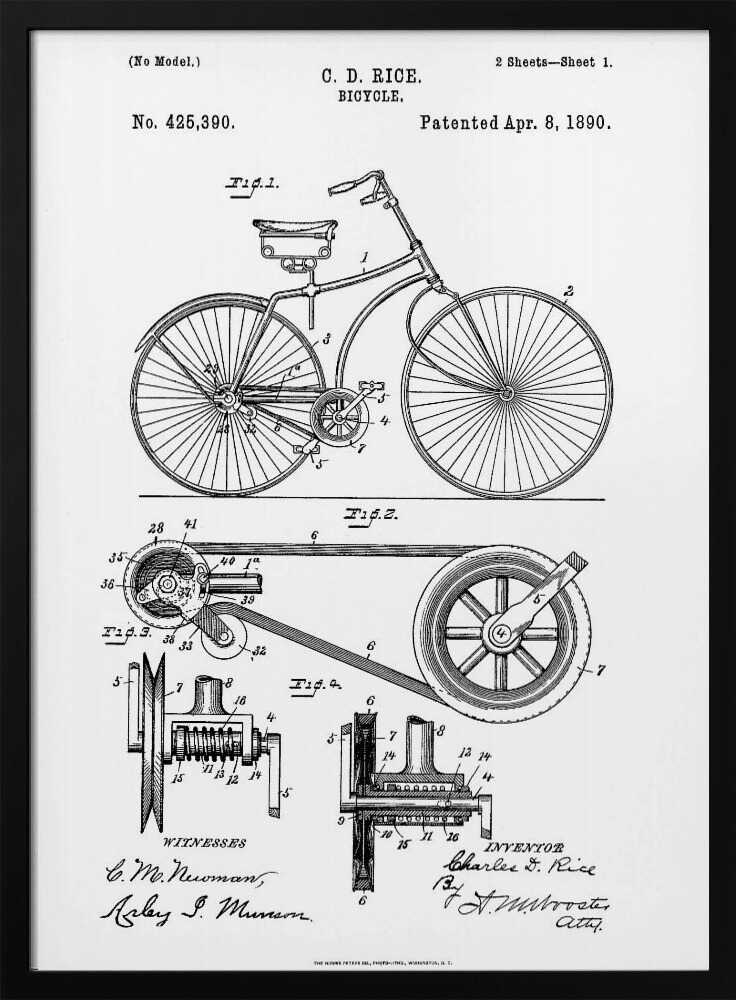 A framed black and white patent illustration for a bicycle invented by C. D. Rice, patented April 8, 1890. The technical drawing shows a side view of the bicycle and detailed diagrams of its mechanical components. Print