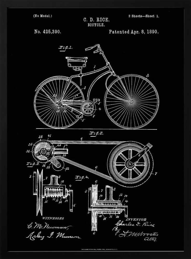 A framed black and white patent illustration for a bicycle invented by C. D. Rice, dated April 8, 1890. The artwork displays detailed technical drawings of the bicycle's design and mechanical components against a solid black background. Wall Art