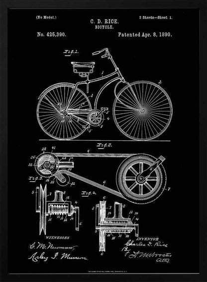 A framed black and white patent illustration for a bicycle invented by C. D. Rice, dated April 8, 1890. The artwork displays detailed technical drawings of the bicycle's design and mechanical components against a solid black background. Wall Art