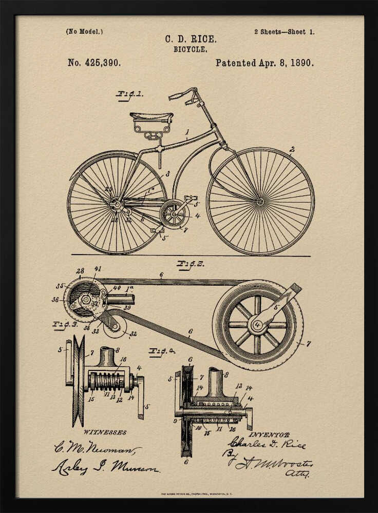 A framed vintage patent illustration for a bicycle by C. D. Rice, dated April 8, 1890. The technical drawing is in black ink on a beige, parchment-style background, showing detailed schematics of the bicycle and its components. Wall Art