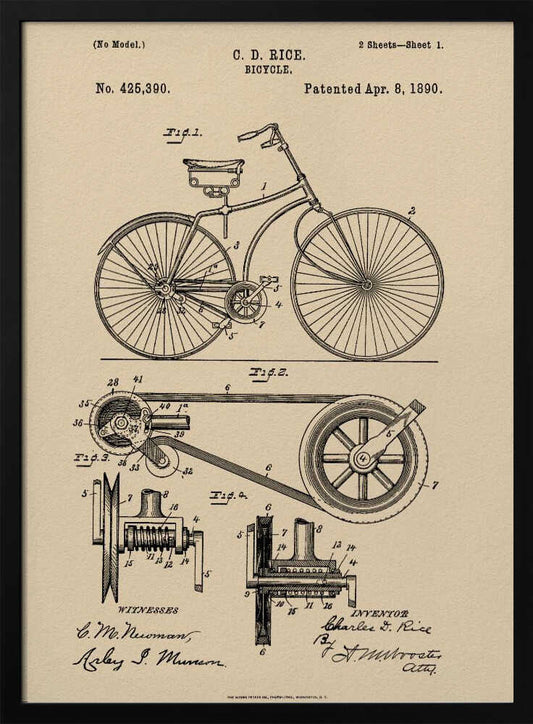 A framed vintage patent illustration for a bicycle by C. D. Rice, dated April 8, 1890. The technical drawing is in black ink on a beige, parchment-style background, showing detailed schematics of the bicycle and its components. Wall Art