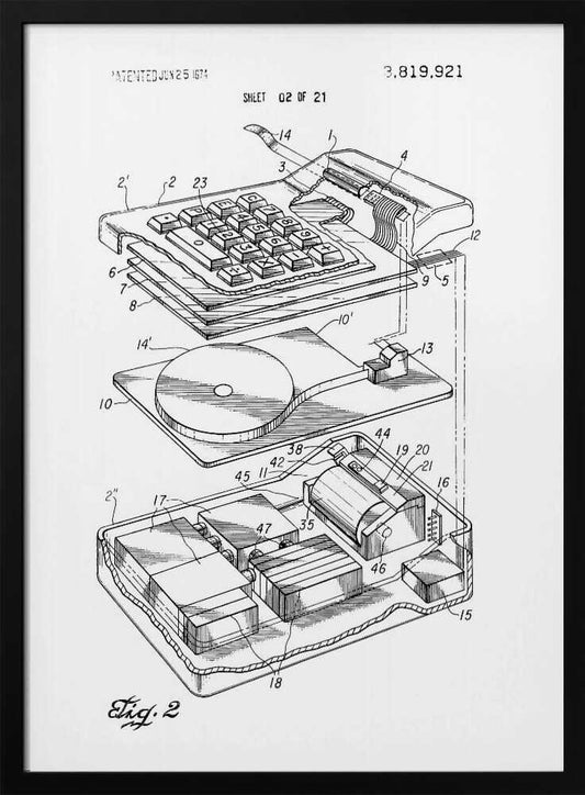 A framed black and white patent illustration from 1974 showing an exploded view of an early electronic calculator. The detailed technical drawing, labeled 'Fig. 2', displays the keyboard, internal components, and circuitry, with various parts numbered for reference. Decor