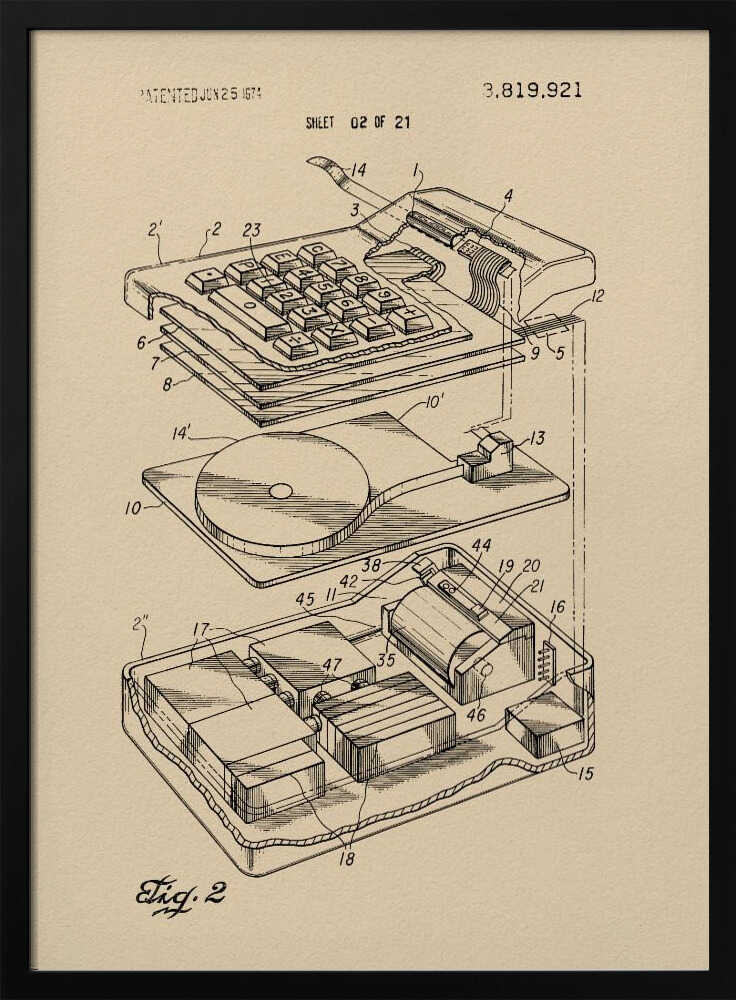 A framed print of a vintage patent illustration from 1974, showing an exploded view of an electronic calculator. The technical drawing is in black ink on tan paper and details the keyboard, internal circuitry, and printing mechanism, all labeled with reference numbers. Poster