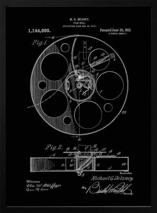 A framed black and white patent illustration for a film reel, invented by M. G. Delaney in 1912. The drawing, presented as a negative image with white lines on a black background, shows detailed schematics of the reel's mechanism from a top-down view (Fig. 1) and a cross-section (Fig. 2). Poster