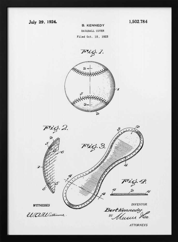 A framed black and white print of the 1924 U.S. patent for a baseball cover by inventor B. Kennedy. The diagram features several figures, including a detailed drawing of a baseball and the figure-eight shaped leather cover. Decor