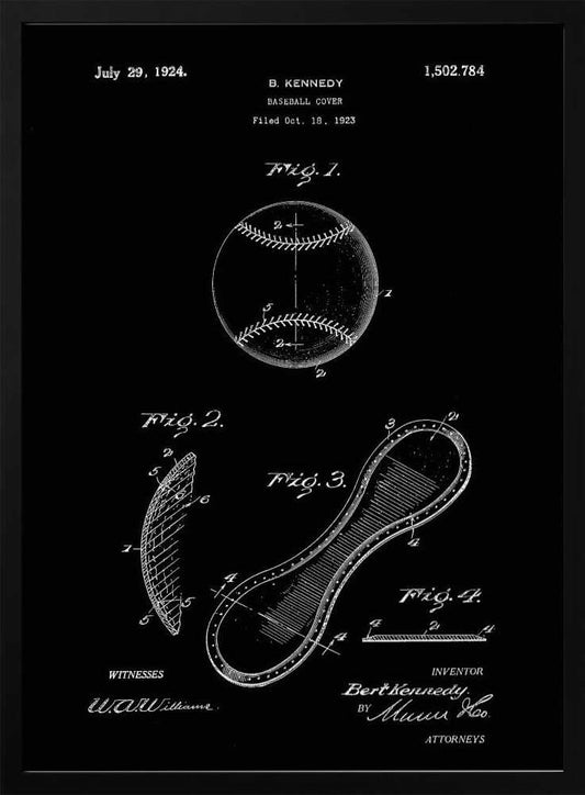 A framed vintage patent illustration for a baseball cover, presented as a white-on-black blueprint. The poster displays technical drawings of a baseball and its figure-eight leather panel, with annotations, dates, and signatures from the original 1924 patent by B. Kennedy. Poster