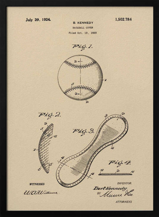 A framed vintage patent illustration for a baseball cover, dated July 29, 1924. The artwork, on a beige parchment background, shows technical drawings of a baseball and its figure-eight leather cover piece, with text and signatures. Artwork