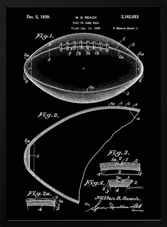 A framed black and white patent illustration for a football, dated December 5, 1939. The drawing shows various figures detailing the ball's construction, including a full view of the football with its laces and several cross-sections, all rendered in white lines on a black background. Poster