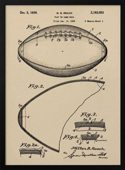 A framed print of the 1939 U.S. patent for a 'Play or Game Ball' by inventor M. B. Reach. The illustration features detailed technical drawings of a football in black ink on a beige, parchment-like background. Poster