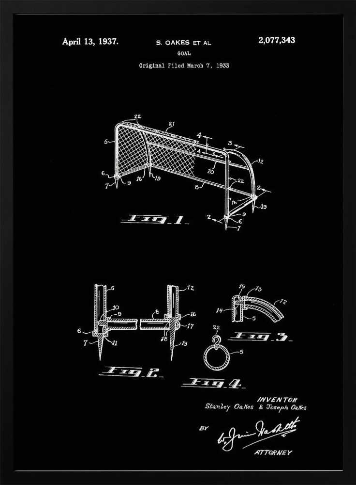 A framed vintage patent illustration for a soccer goal, dated April 13, 1937. The drawing, presented in white lines on a black background, details the construction of the goal with multiple figures and annotations. Decor