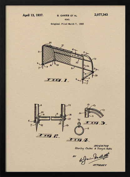 A framed vintage-style patent print for a sports goal, dated April 13, 1937. The artwork features detailed black line drawings of the goal and its components on a beige parchment background, complete with patent numbers, inventor names, and signatures. Poster