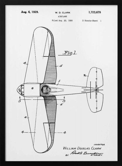 A framed, black and white patent illustration for an airplane by W.D. Clark, dated August 6, 1929. The image shows a top-down schematic view of the aircraft, labeled 'Fig. 1' with technical details and reference numbers. Print