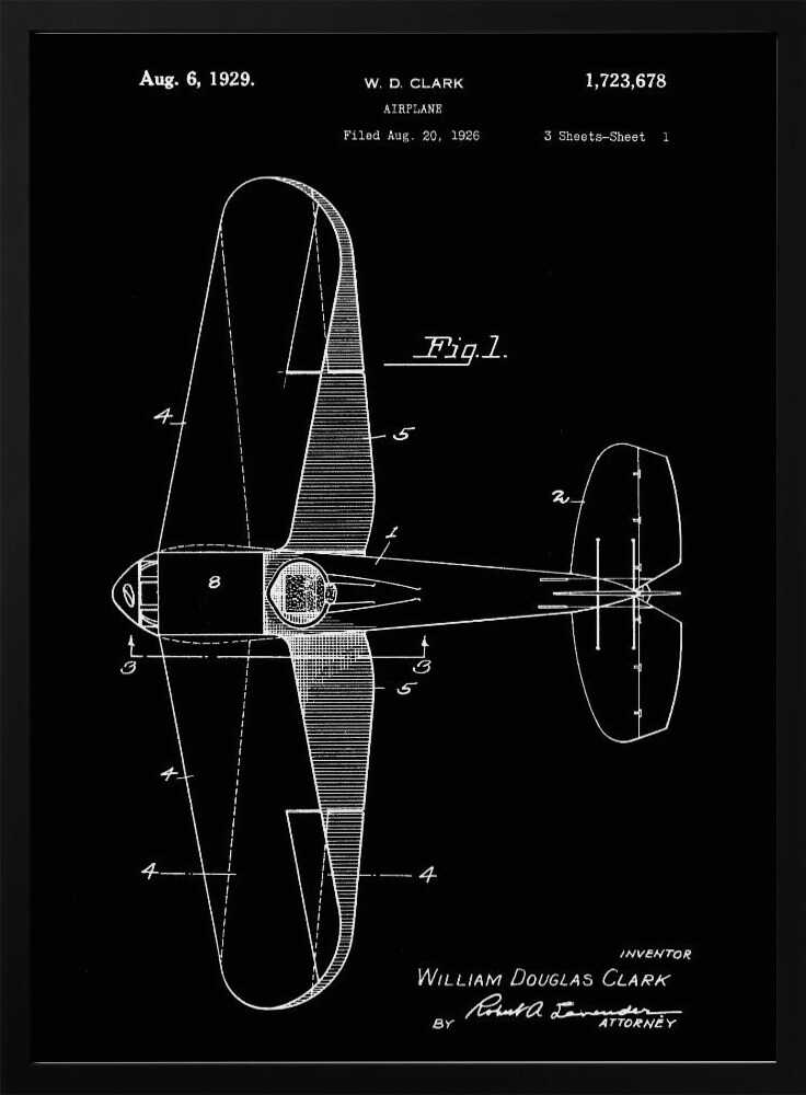 A vintage patent illustration for an airplane by W. D. Clark, dated August 6, 1929. The black and white technical drawing shows a top-down view of the aircraft, complete with design notes and figures, presented against a solid black background within a black frame. Artwork