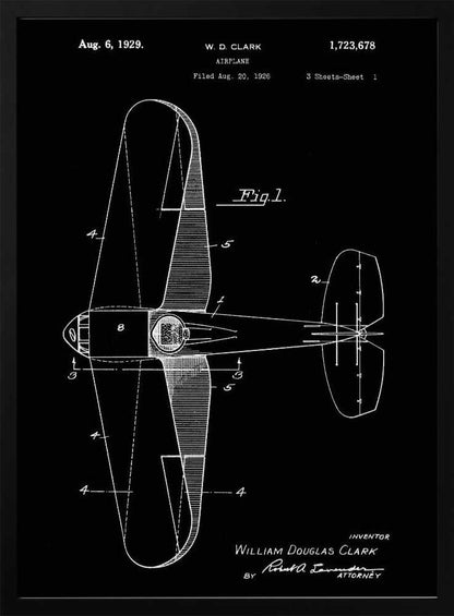 A vintage patent illustration for an airplane by W. D. Clark, dated August 6, 1929. The black and white technical drawing shows a top-down view of the aircraft, complete with design notes and figures, presented against a solid black background within a black frame. Artwork
