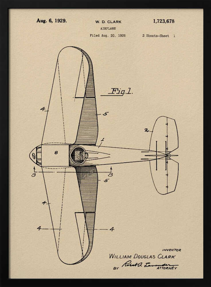A framed vintage patent illustration of an airplane designed by W. D. Clark, dated August 6, 1929. The image shows a top-down schematic view of the aircraft in black ink on an aged, beige paper background, with various parts labeled with numbers. Text and signatures are visible, characteristic of an official patent document. Decor