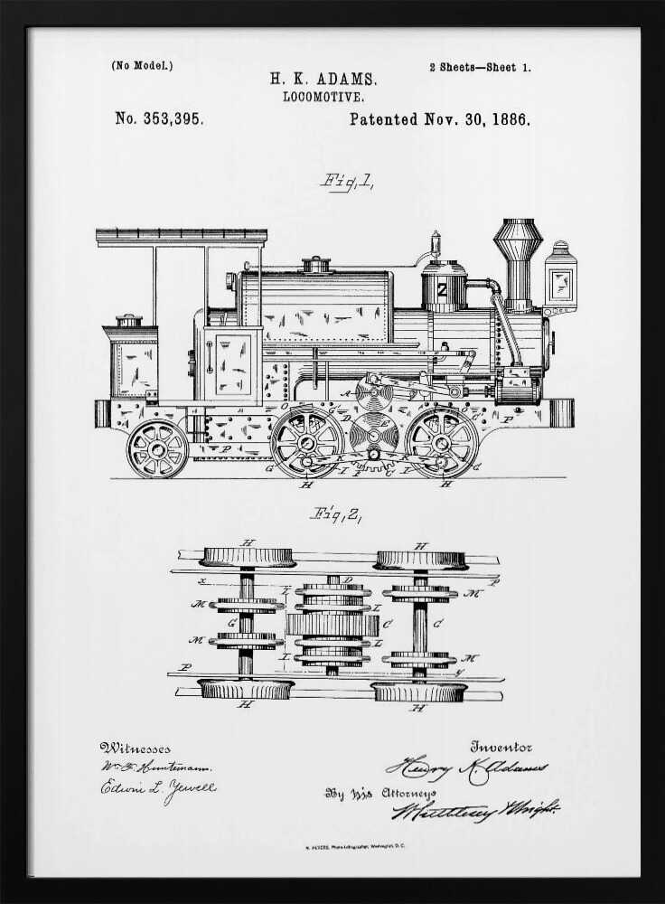 A framed black and white patent illustration for an H.K. Adams locomotive, dated November 30, 1886. The drawing features a detailed side view of the steam engine and a top-down diagram of its wheel and gear assembly. Wall Art