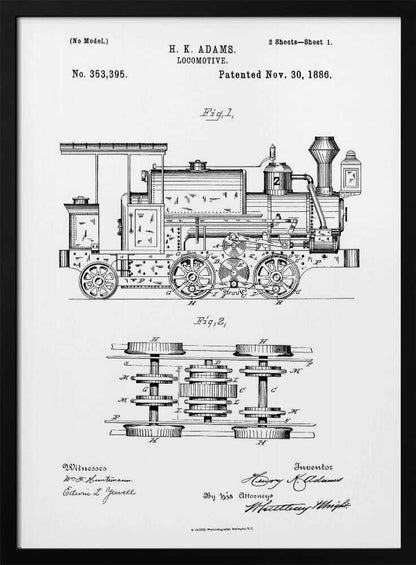 A framed black and white patent illustration for an H.K. Adams locomotive, dated November 30, 1886. The drawing features a detailed side view of the steam engine and a top-down diagram of its wheel and gear assembly. Wall Art