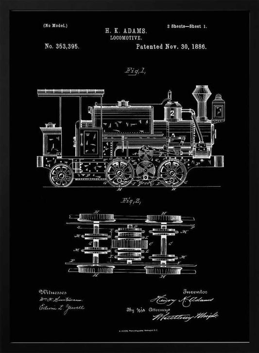 A vintage patent illustration for an H. K. Adams locomotive, dated November 30, 1886. The drawing, in white lines on a black background, shows a detailed side view and a top view of the train's wheel and gear mechanics, all framed in black. Artwork
