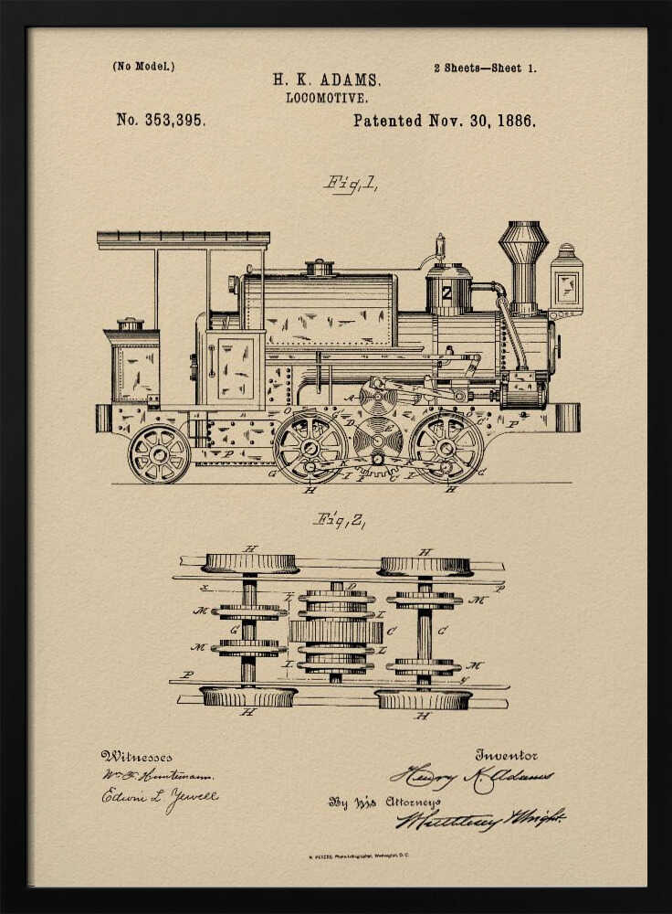A framed vintage patent illustration for an H.K. Adams locomotive, dated November 30, 1886. The drawing is in black ink on a beige, parchment-like background, showing a detailed side view and an overhead view of the train's undercarriage and wheel mechanism. Decor