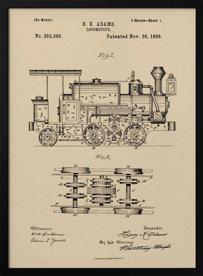 A framed vintage patent illustration for an H.K. Adams locomotive, dated November 30, 1886. The drawing is in black ink on a beige, parchment-like background, showing a detailed side view and an overhead view of the train's undercarriage and wheel mechanism. Decor