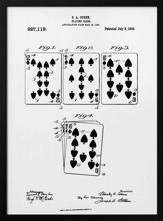 A framed, black and white patent illustration for playing cards by S. A. Cohen, patented July 6, 1909. The technical drawing displays four figures showing various spade playing cards, including a 12, 11, and 10, along with official text and signatures. Decor