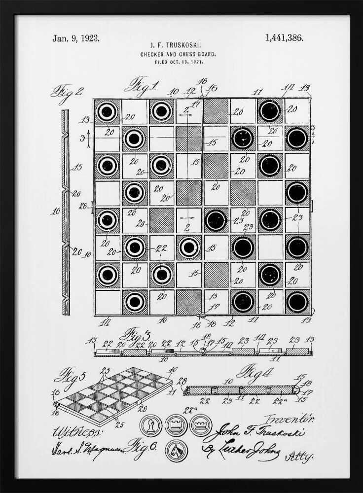 A framed black and white patent illustration for a Checker and Chess Board, dated January 9, 1923. The drawing by inventor J. F. Truskoski shows detailed diagrams of the game board and pieces, complete with reference numbers, figures, and signatures. Print