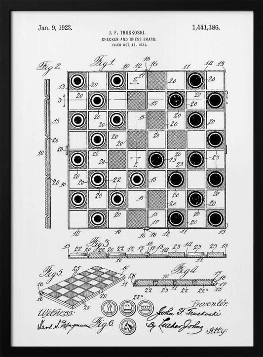 A framed black and white patent illustration for a Checker and Chess Board, dated January 9, 1923. The drawing by inventor J. F. Truskoski shows detailed diagrams of the game board and pieces, complete with reference numbers, figures, and signatures. Print