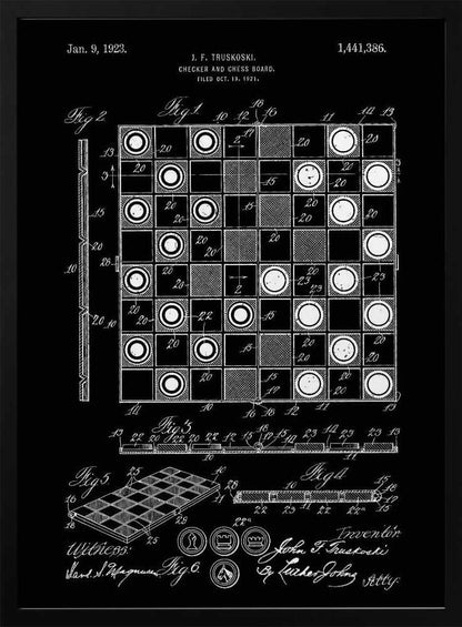 A framed vintage patent illustration for a checker and chess board, presented in a white-on-black blueprint style. The poster displays detailed technical drawings, including a top-down view of the game in progress, a perspective view of the board, and various figures with annotations, all dated Jan. 9, 1923. Wall Art