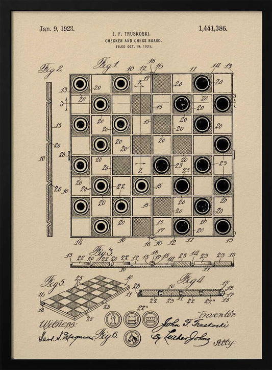 A framed vintage patent illustration for a Checker and Chess Board by J.F. Truskoski, dated 1923. The technical drawing is in black ink on aged beige paper and shows various diagrams of the game board and pieces, complete with labels and signatures. Artwork