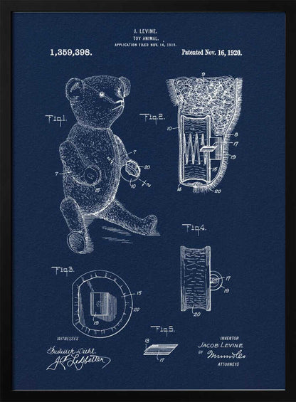 A framed vintage patent blueprint for a toy animal, specifically a teddy bear. The poster is dark blue with white line drawings and text, showing various figures and cross-sections of the bear and its internal mechanisms. Text at the top reads 'J. Levine, Toy Animal, Patented Nov. 16, 1920'. Wall Art
