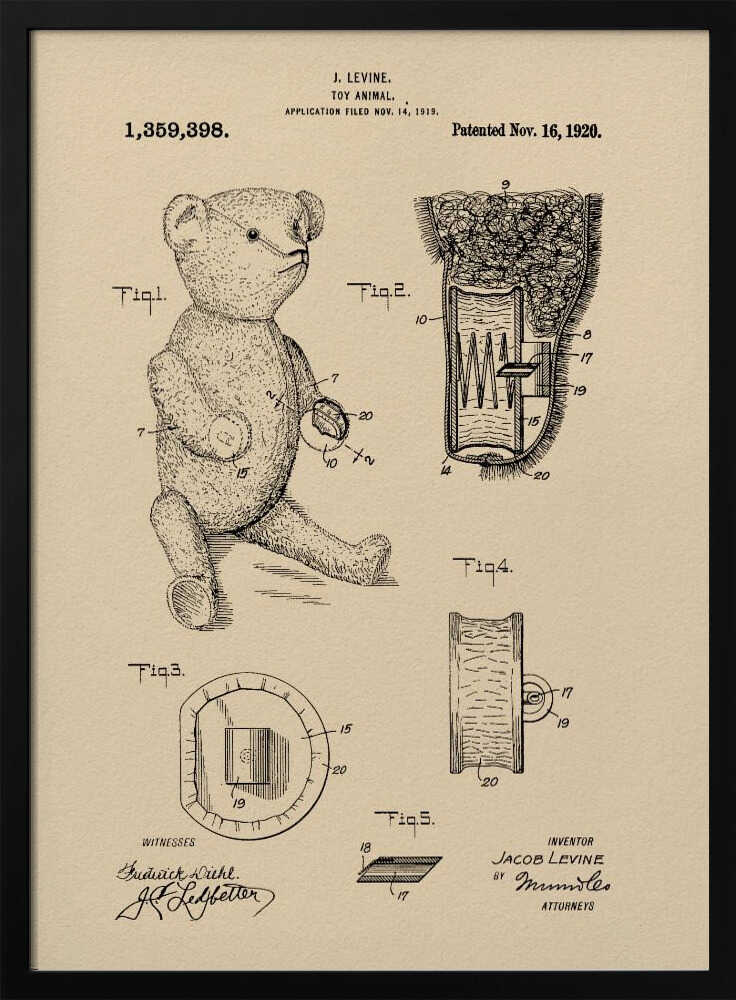 A framed vintage patent illustration for a 'Toy Animal,' specifically a teddy bear, by inventor J. Levine. The drawing is on beige parchment-style paper with black ink, showing multiple figures including a full teddy bear and detailed cross-sections of its internal mechanisms. The patent number 1,359,398 and date Nov. 16, 1920 are printed at the top. Wall Art