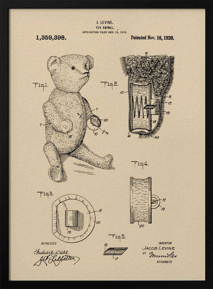 A framed vintage patent illustration for a 'Toy Animal,' specifically a teddy bear, by inventor J. Levine. The drawing is on beige parchment-style paper with black ink, showing multiple figures including a full teddy bear and detailed cross-sections of its internal mechanisms. The patent number 1,359,398 and date Nov. 16, 1920 are printed at the top. Wall Art