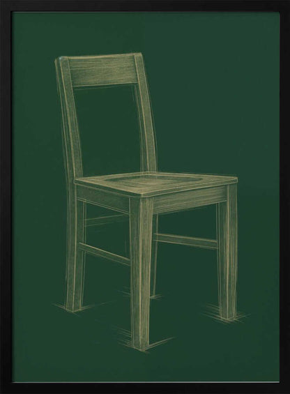 A sketched illustration of a simple wooden chair in a light yellow-green color against a dark green background, resembling a chalk drawing on a chalkboard. The artwork is enclosed in a thin black frame. Wall Art