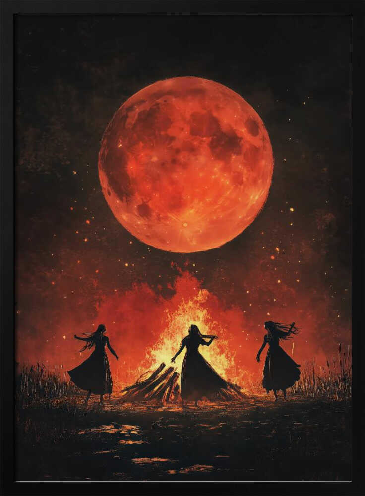 A dramatic painting of three silhouetted women in long dresses dancing around a large bonfire at night. Above them, a massive, textured, blood-red full moon hangs in a dark sky filled with embers and stars. Print