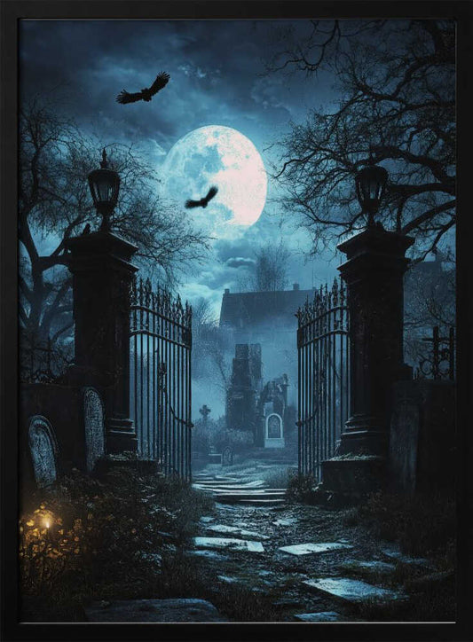 A spooky nighttime scene of an open wrought iron gate leading into an old, misty cemetery under a large, bright full moon, with crows flying in the cloudy sky. Wall Art