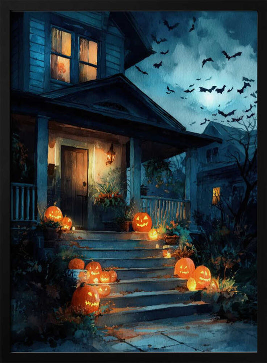 A painterly illustration of a blue house decorated for Halloween at night. Glowing jack-o'-lanterns line the front steps leading to a warmly lit porch. A swarm of bats flies across the dark, moonlit sky. Artwork