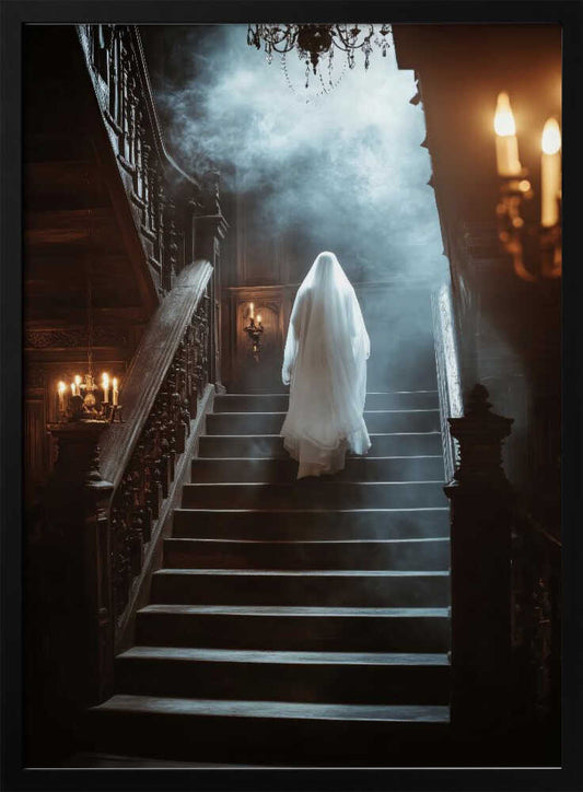 A ghostly figure covered in a white sheet ascends a grand, dark wooden staircase in a haunted mansion. Ethereal smoke swirls around the apparition, illuminated by the warm glow of antique candelabras and a chandelier, creating a spooky and mysterious atmosphere. Poster