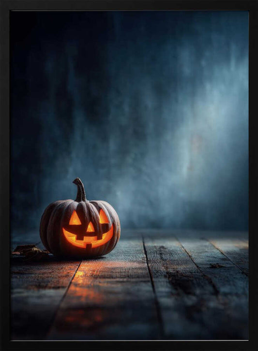 A single carved pumpkin, a jack-o'-lantern, sits on a dark wooden floor, its face glowing with a warm orange light from within. The background is a dark, moody, and smoky blue, creating a spooky and atmospheric Halloween scene. Poster