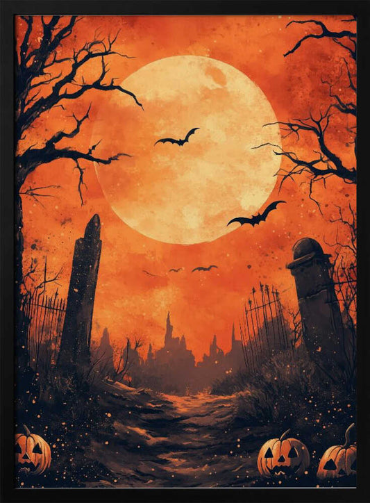 A spooky Halloween illustration of a path leading through a dark graveyard under a large, glowing full moon. Bats fly across the orange sky, silhouetted by the moon, while bare, gnarled trees and ancient tombstones frame the scene. In the foreground, carved jack-o'-lanterns glow menacingly. Artwork