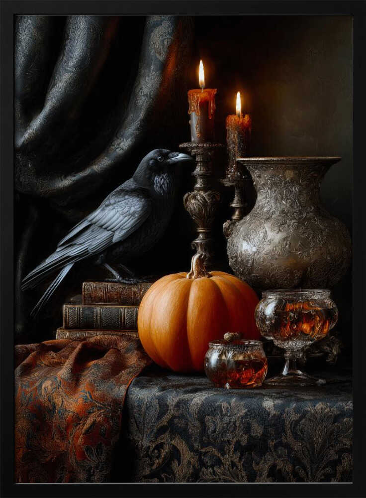 A moody and atmospheric still life featuring a black raven perched on a stack of old books next to a bright orange pumpkin. Two lit candles in ornate bronze holders cast a warm glow on an embossed metal vase, crystal glasses, and a dark, patterned tablecloth. Decor