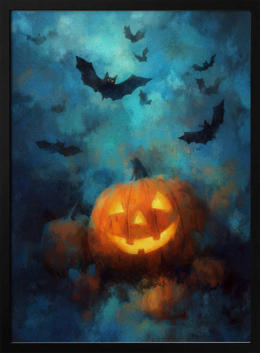 A painterly style illustration of a spooky Halloween night. A brightly glowing jack-o'-lantern sits in the foreground, surrounded by mist and other pumpkins. Above, a swarm of black bats with glowing yellow eyes flies across a dark, moody blue and teal sky. Artwork