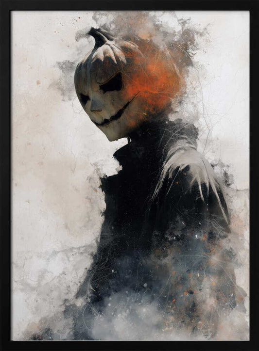 A painterly and dark fantasy artwork of a figure with a sinister carved pumpkin for a head, wearing a black coat. The figure is dissolving into smoke and abstract textures, with fiery orange embers erupting from the back of its head against a gritty, light gray background. Decor