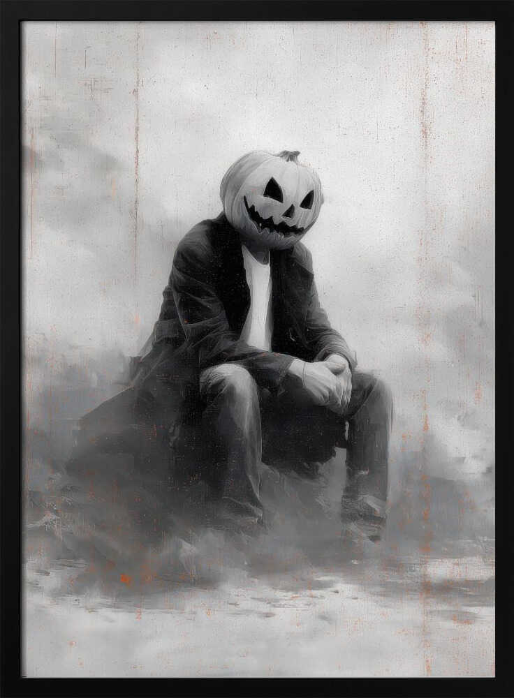 A moody, black and white painting of a person with a carved jack-o'-lantern for a head, sitting down in a foggy, indistinct environment. The figure is wearing a dark coat, white t-shirt, and jeans, with their hands clasped in their lap. Wall Art