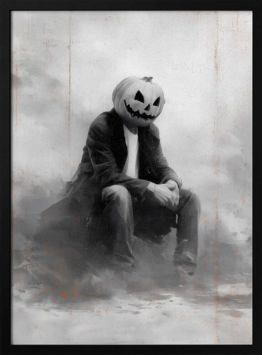 A moody, black and white painting of a person with a carved jack-o'-lantern for a head, sitting down in a foggy, indistinct environment. The figure is wearing a dark coat, white t-shirt, and jeans, with their hands clasped in their lap. Wall Art