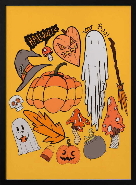 A cute cartoon illustration featuring a collection of Halloween-themed doodles on a bright yellow-orange background. The doodles include ghosts, pumpkins, a jack-o'-lantern, a witch's hat, spooky mushrooms, a cauldron, a skull, a broomstick, and the word 'Halloween' in a black speech bubble. Print