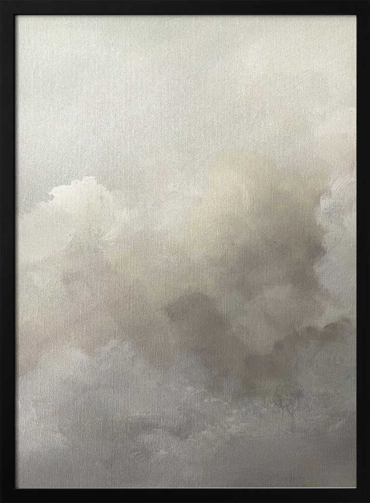 Abstract painting of moody, soft clouds in neutral beige and grey tones.