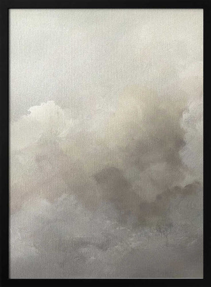 Abstract painting of moody, soft clouds in neutral beige and grey tones.