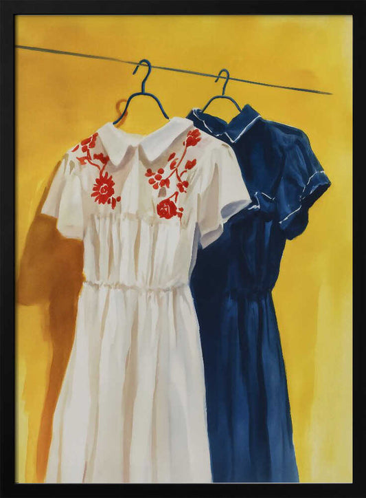 A painting of two vintage-style dresses hanging on a clothesline against a bright yellow wall. The dress in the foreground is white with red floral embroidery on its collar, and the dress behind it is a solid dark blue. Decor