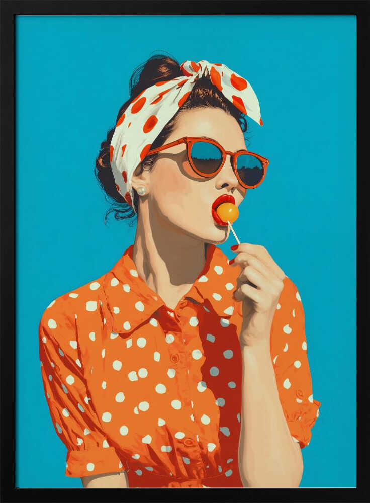 A pop art style illustration of a woman in a red and white polka dot headband and orange sunglasses, licking a yellow lollipop. She is wearing an orange and white polka dot collared shirt against a solid bright blue background, all within a black frame. Artwork