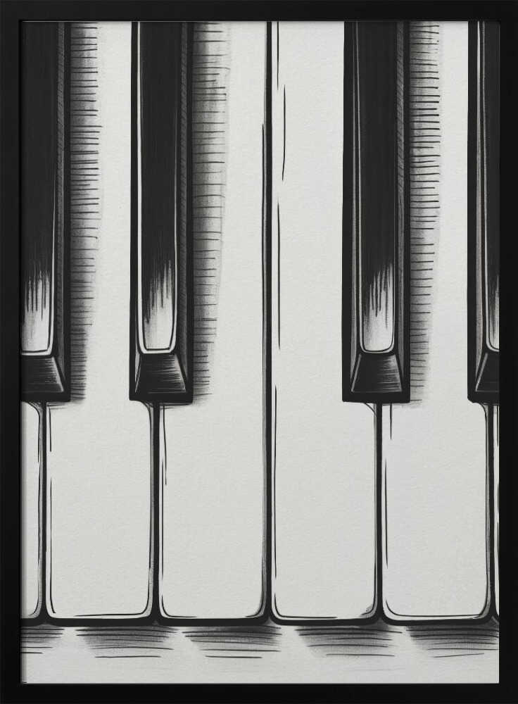 A stylized, close-up illustration of black and white piano keys. The artwork is rendered in a graphic, sketch-like style with bold black outlines and hatched shading. The vertical composition is tightly framed in black, focusing on a small section of the keyboard. Print
